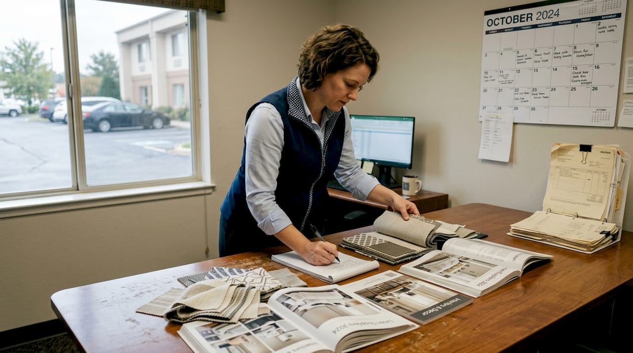 Hotel manager reviewing textile samples in office