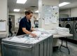 Hotel worker sorting linens in laundry room
