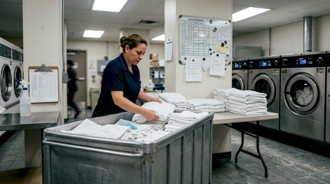 Hotel worker sorting linens in laundry room