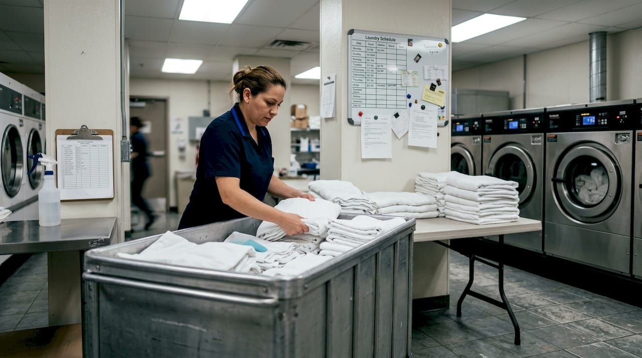 Hotel worker sorting linens in laundry room
