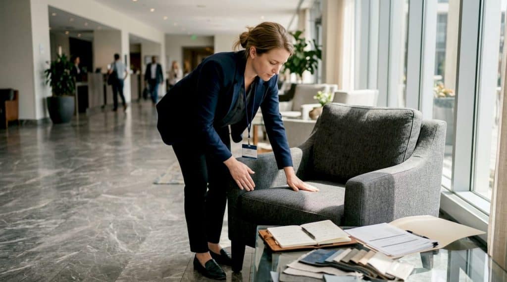 Manager checking hotel lounge fabric comfort