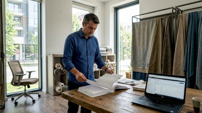 Sales coordinator with textile samples in showroom