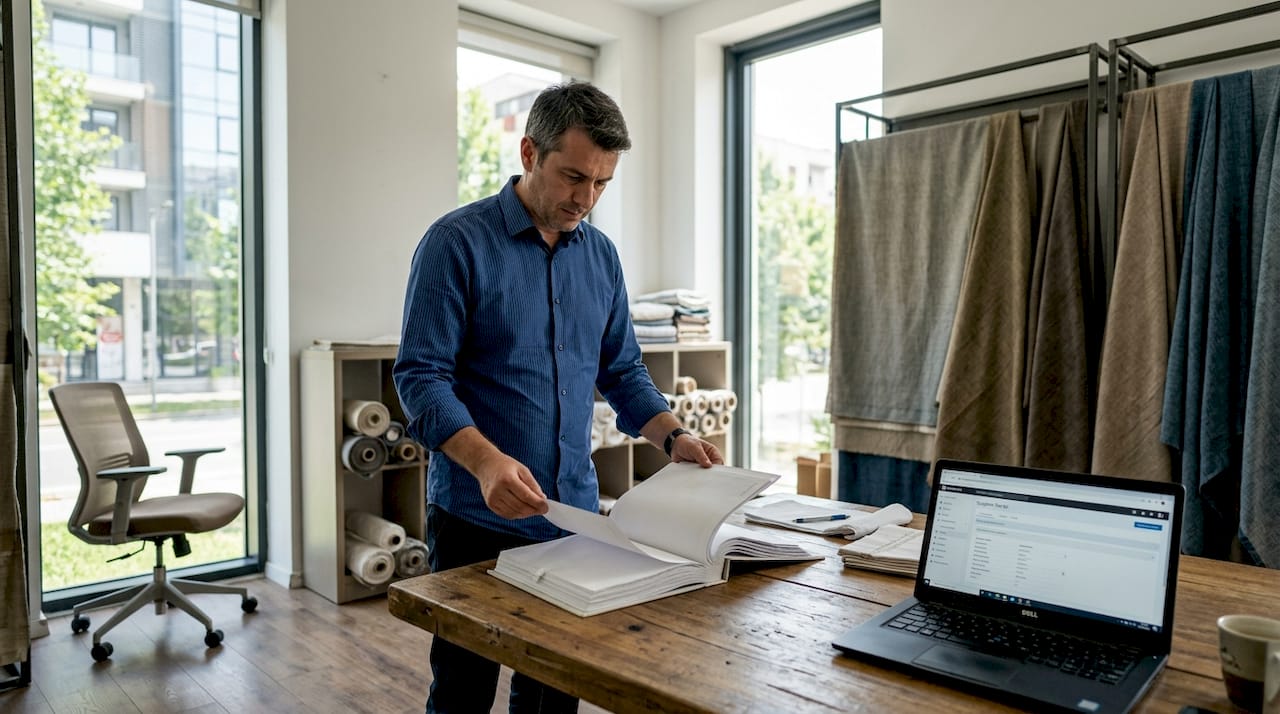 1775381134451_Sales-coordinator-with-textile-samples-in-showroom Sales coordinator with textile samples in showroom