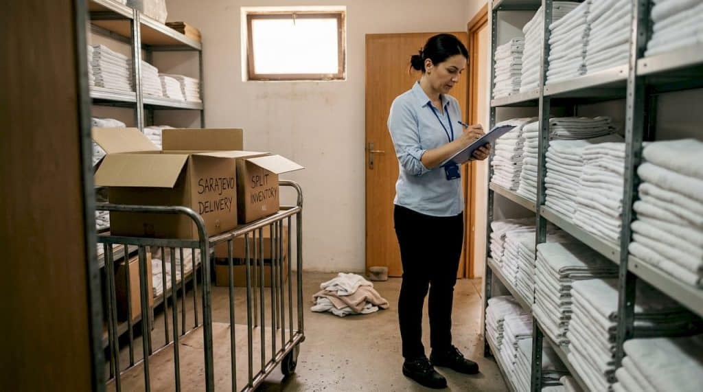 Manager checking hotel textile stock in storage room