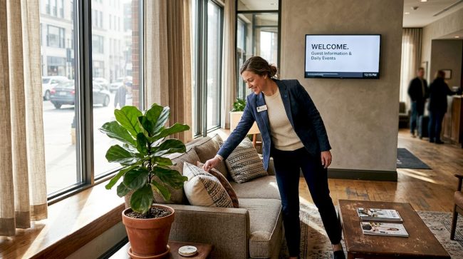 Manager arranging textiles in hotel lobby