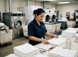 Hotel supervisor inspecting linens in laundry room