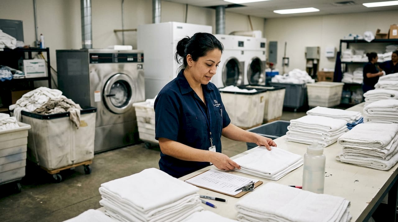 Hotel supervisor inspecting linens in laundry room