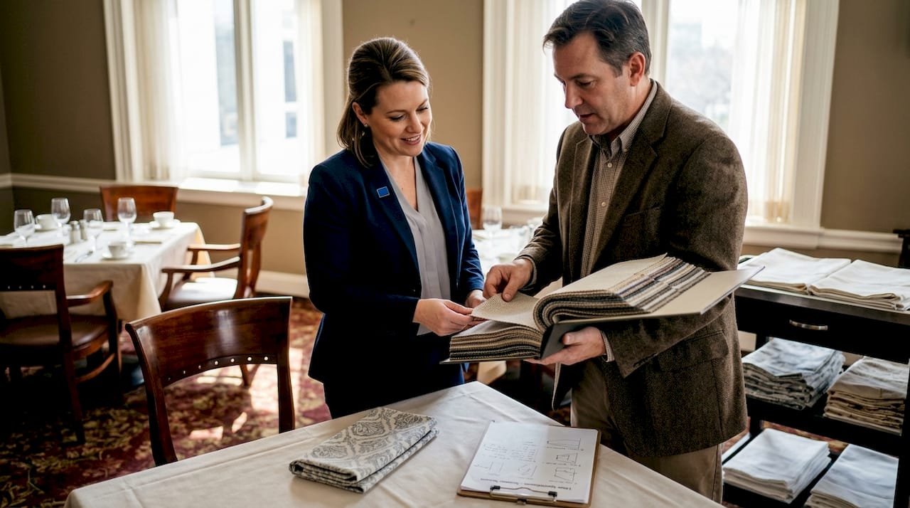 Hospitality manager examines fabric samples in dining room