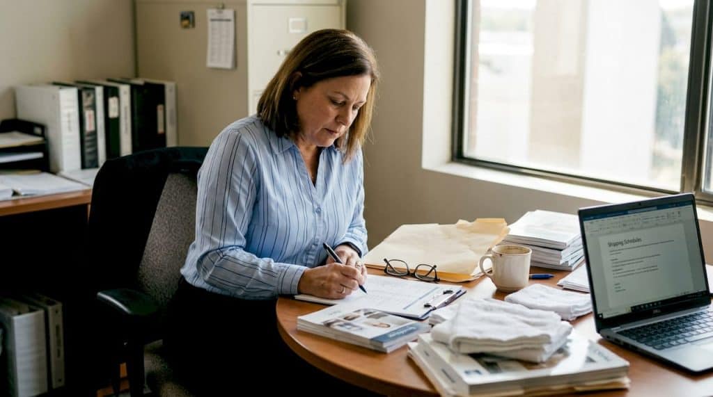 Hotel manager reviewing textile import paperwork
