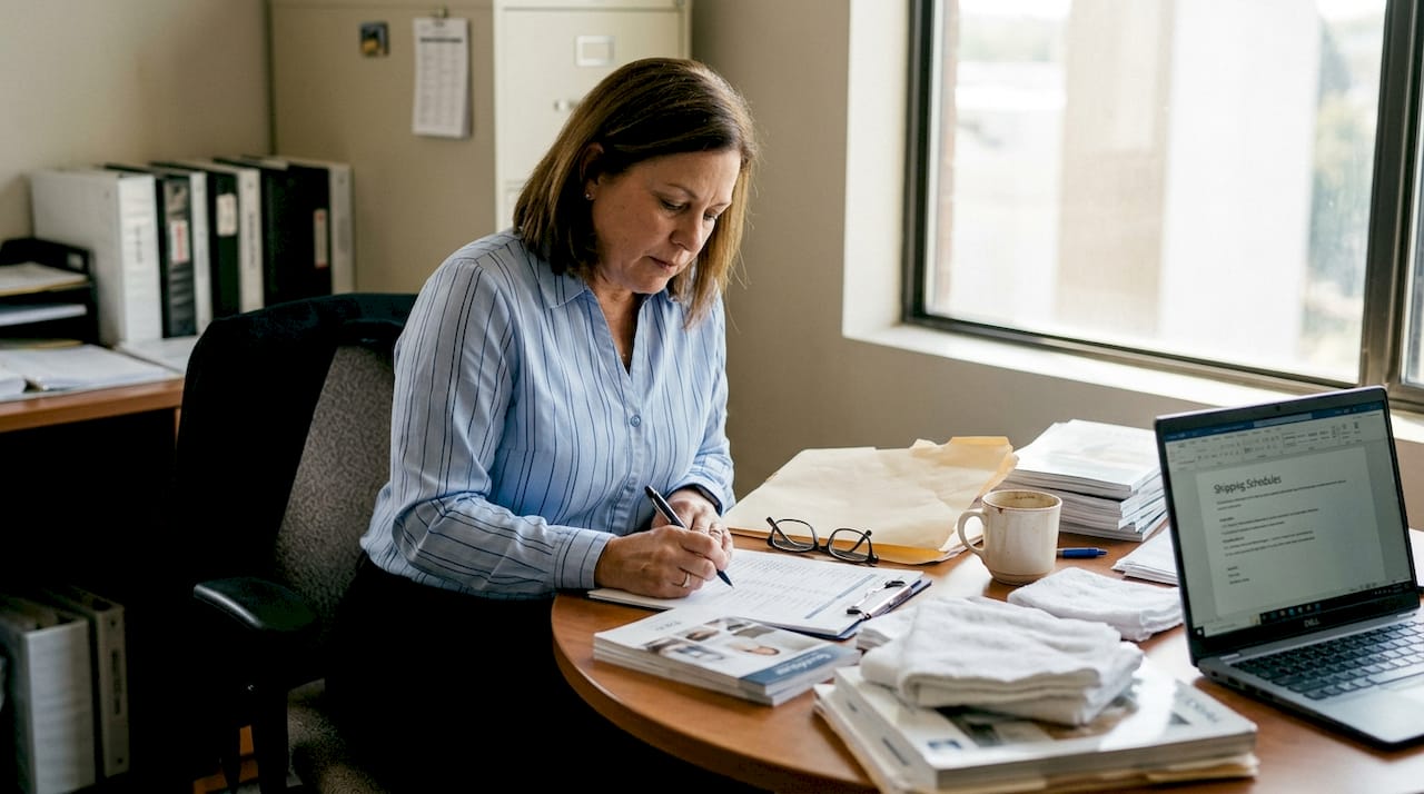 Hotel manager reviewing textile import paperwork