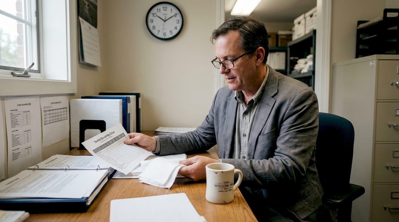 Hotel manager checking textile samples in office