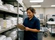Hotel manager checking linen inventory in storage room