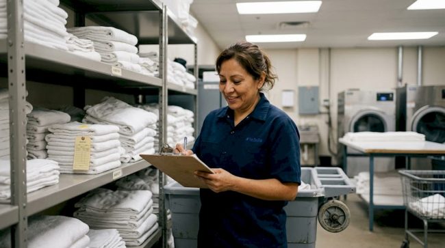Hotel manager checking linen inventory in storage room