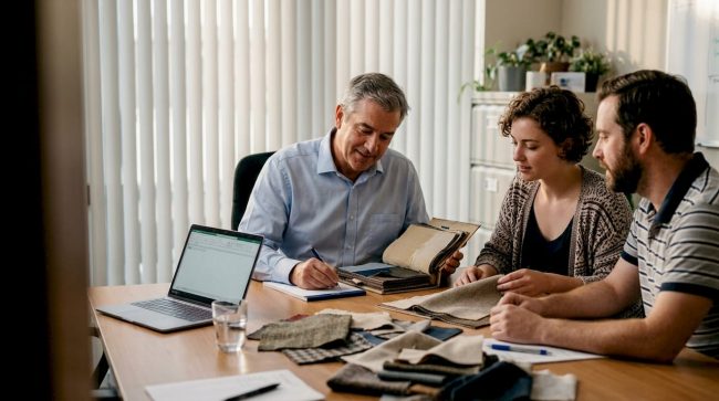 Hotel manager reviews textile samples with team