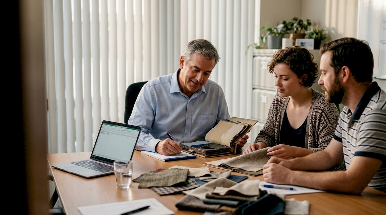 Hotel manager reviews textile samples with team