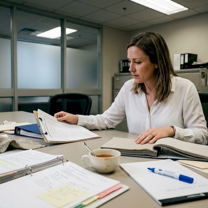 Event planner reviewing textile checklist at table