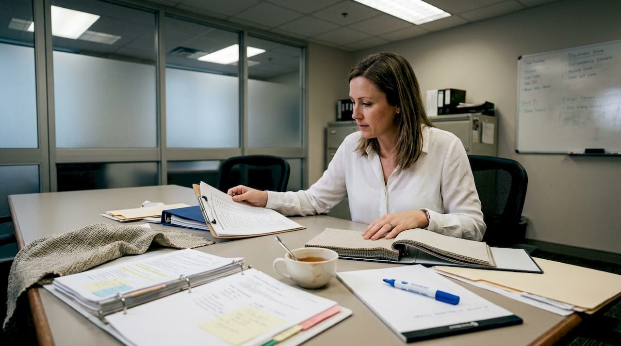 Event planner reviewing textile checklist at table