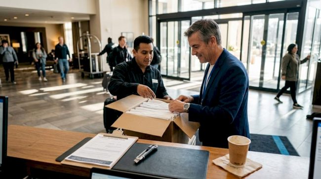 Hotel manager checks textile delivery at lobby
