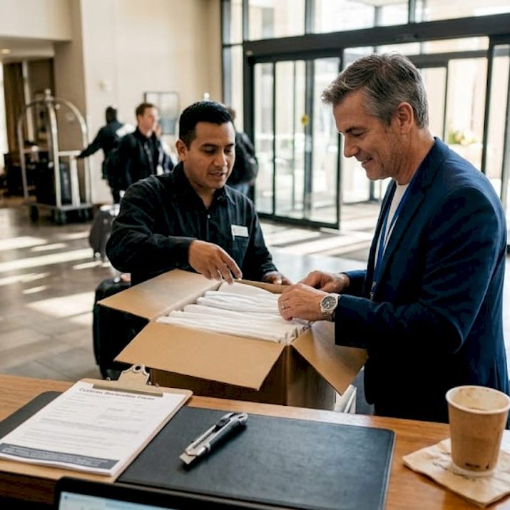 Hotel manager checks textile delivery at lobby