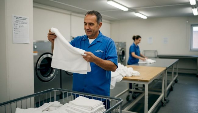 Hotel staff inspecting linens in laundry room