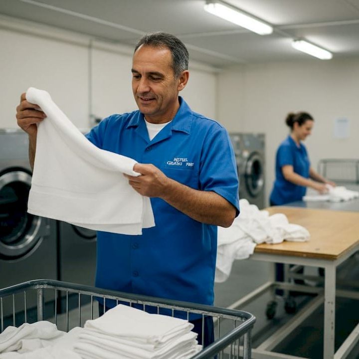 Hotel staff inspecting linens in laundry room