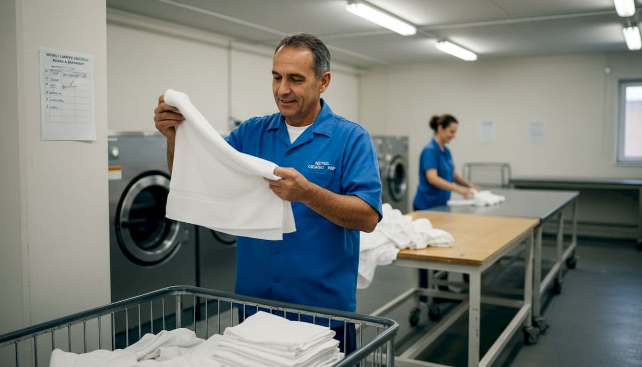 Hotel staff inspecting linens in laundry room
