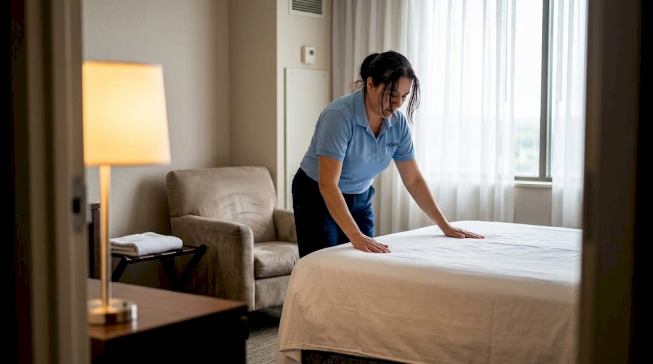 Hotel staff preparing certified textiles