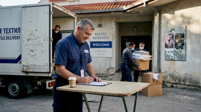 Manager checks bulk textile truck delivery at hotel