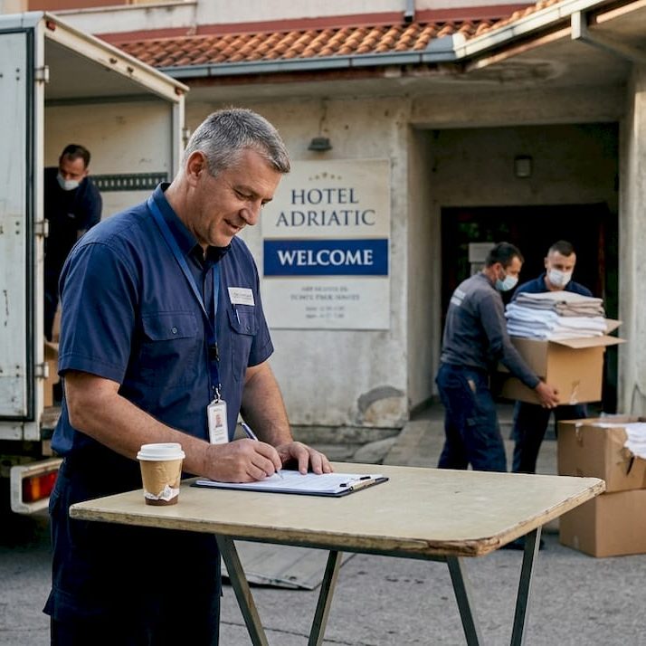 Manager checks bulk textile truck delivery at hotel