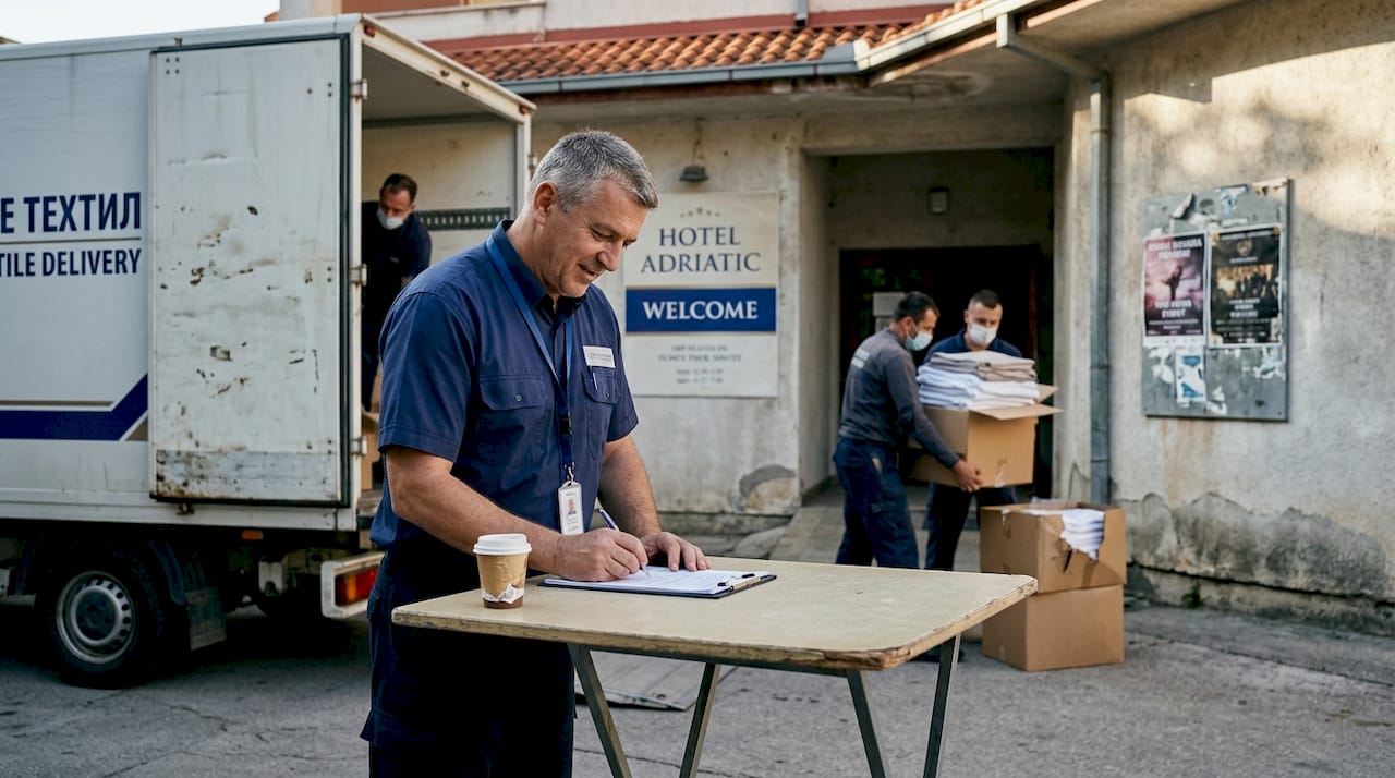 Manager checks bulk textile truck delivery at hotel