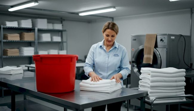 Housekeeping manager inspects hotel linens in laundry