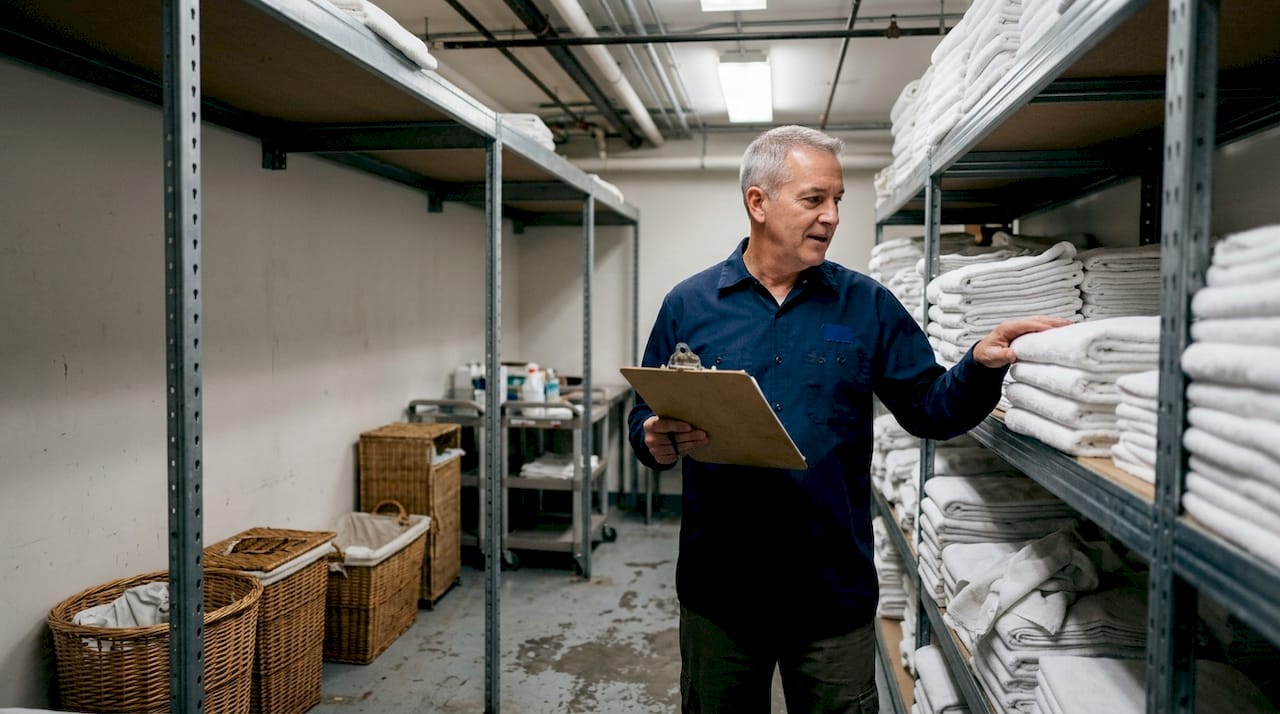 Hotel staff checks linen stock in storage room
