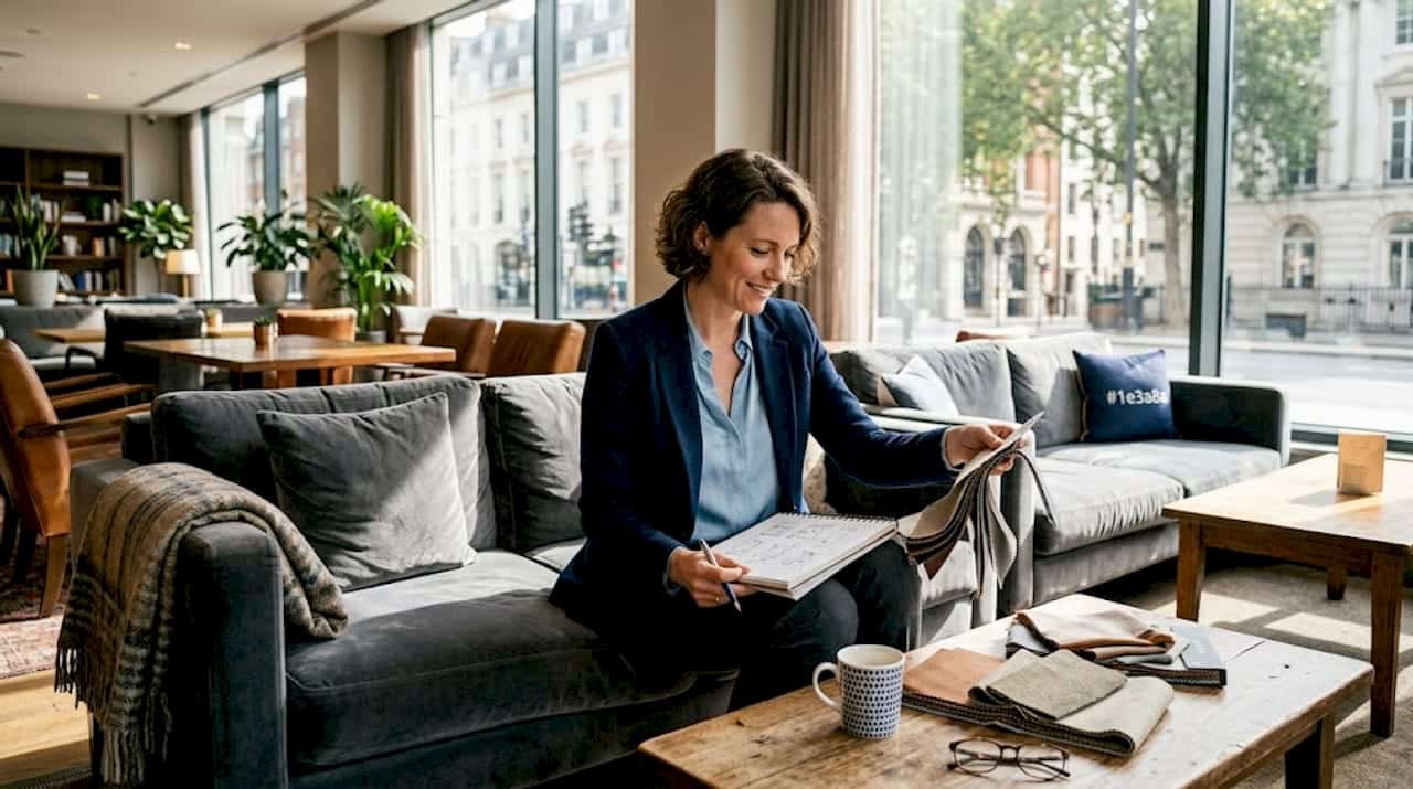 Designer reviews hotel textile samples in lounge