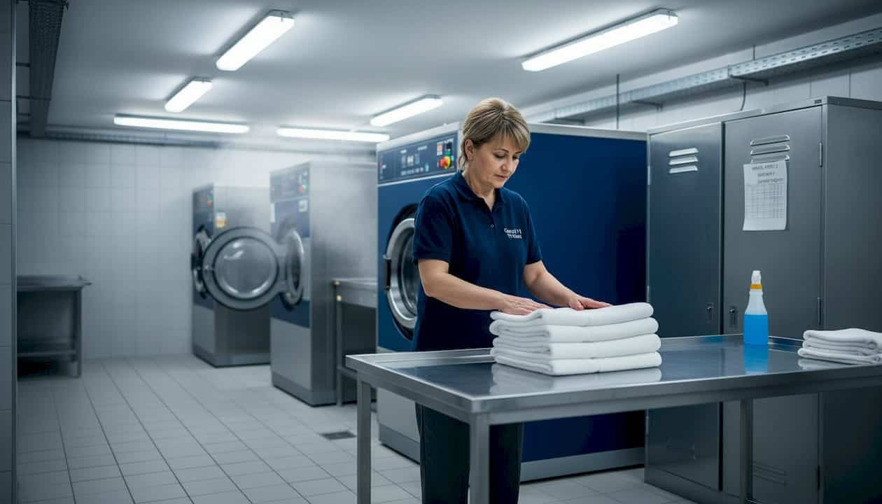 Hotel laundry attendant folding white towels