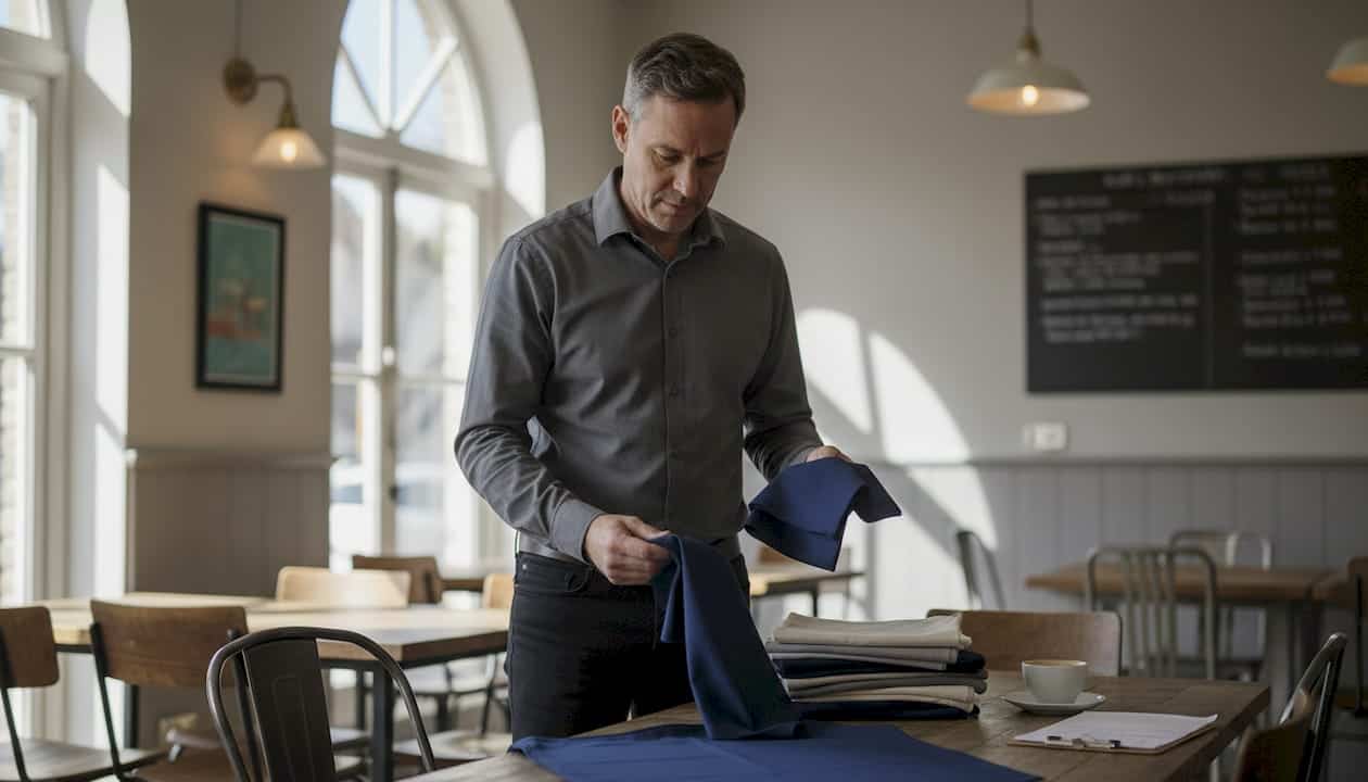 Manager examining restaurant napkin and tablecloth samples