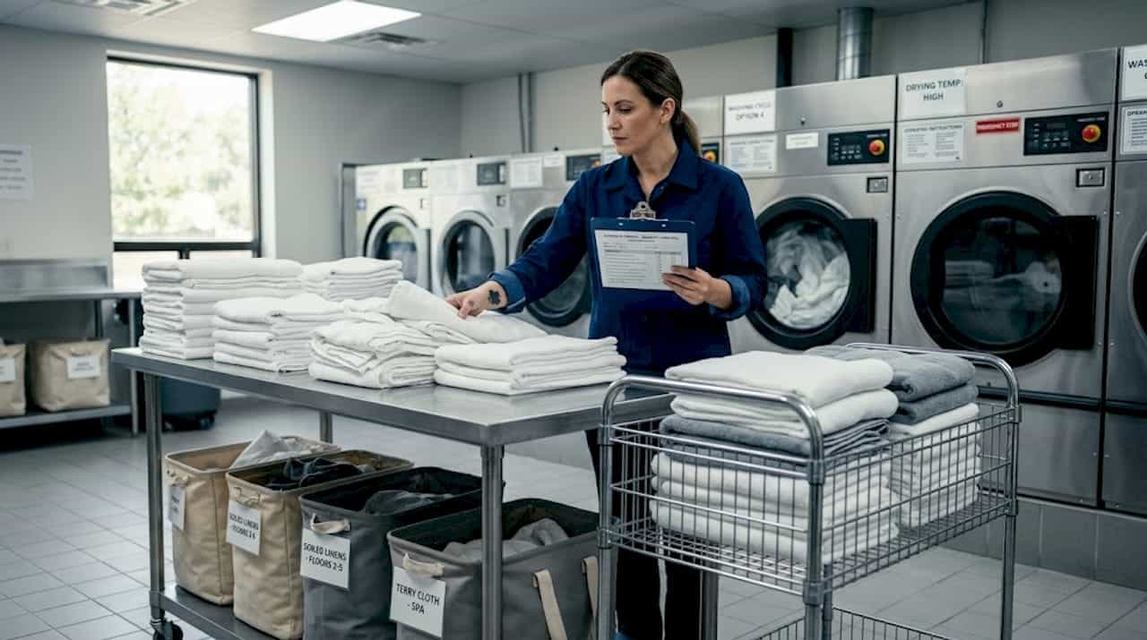 Laundry manager checks linens in hotel laundry