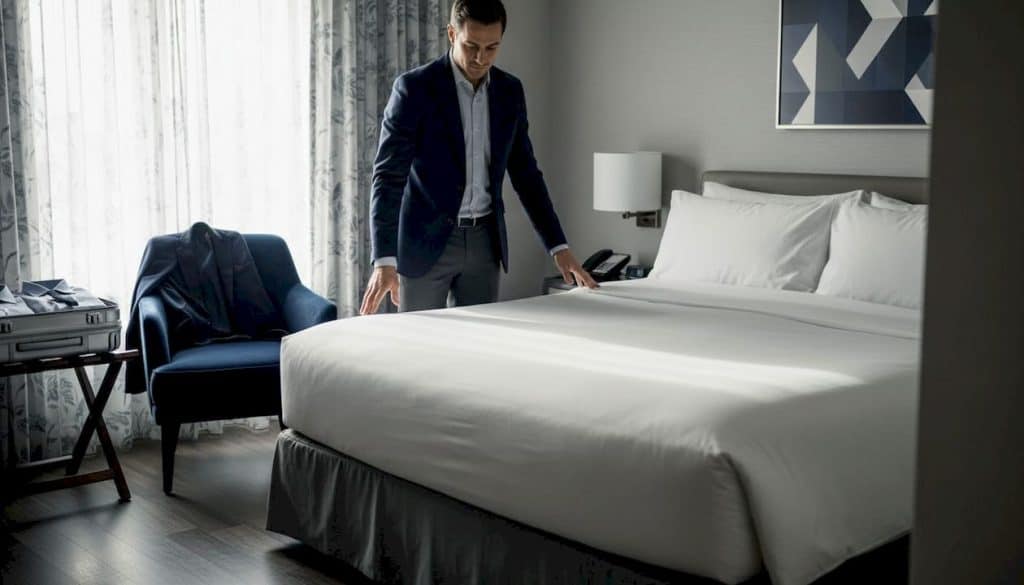 Guest checking bed linens in sunlit hotel room