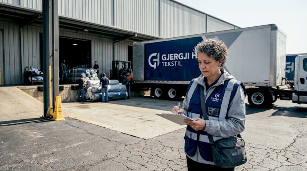 Supervisor outside textile warehouse with trucks unloading
