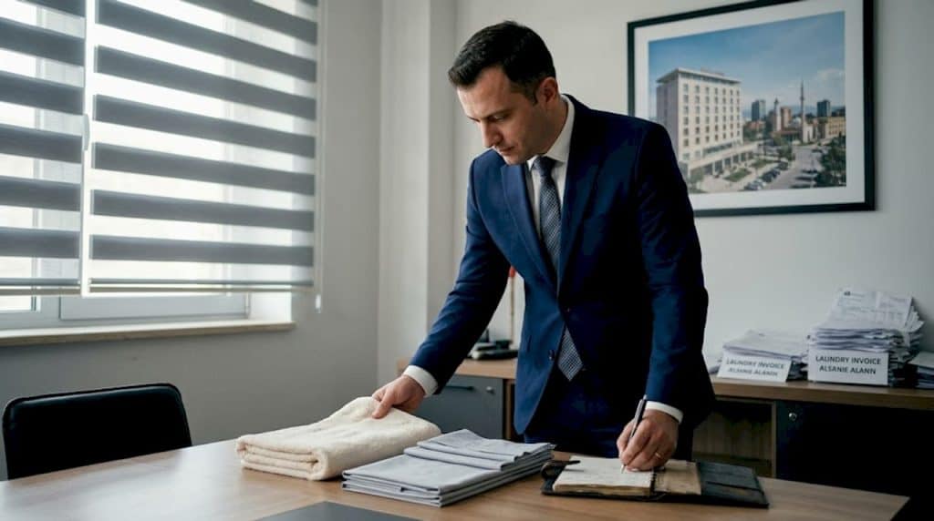 Hotel manager inspecting textile samples at desk