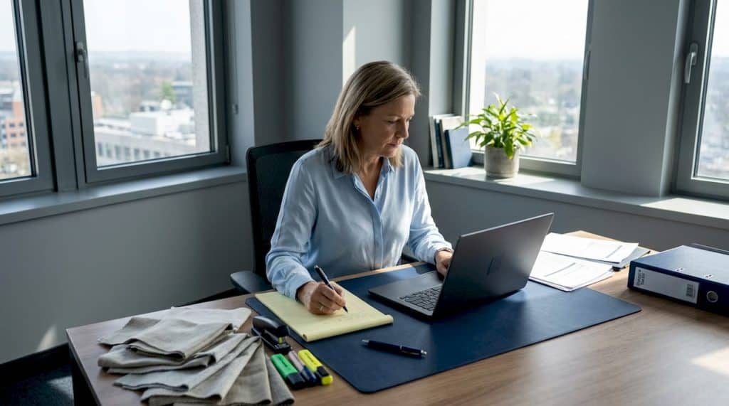 Manager reviewing textile certification documents