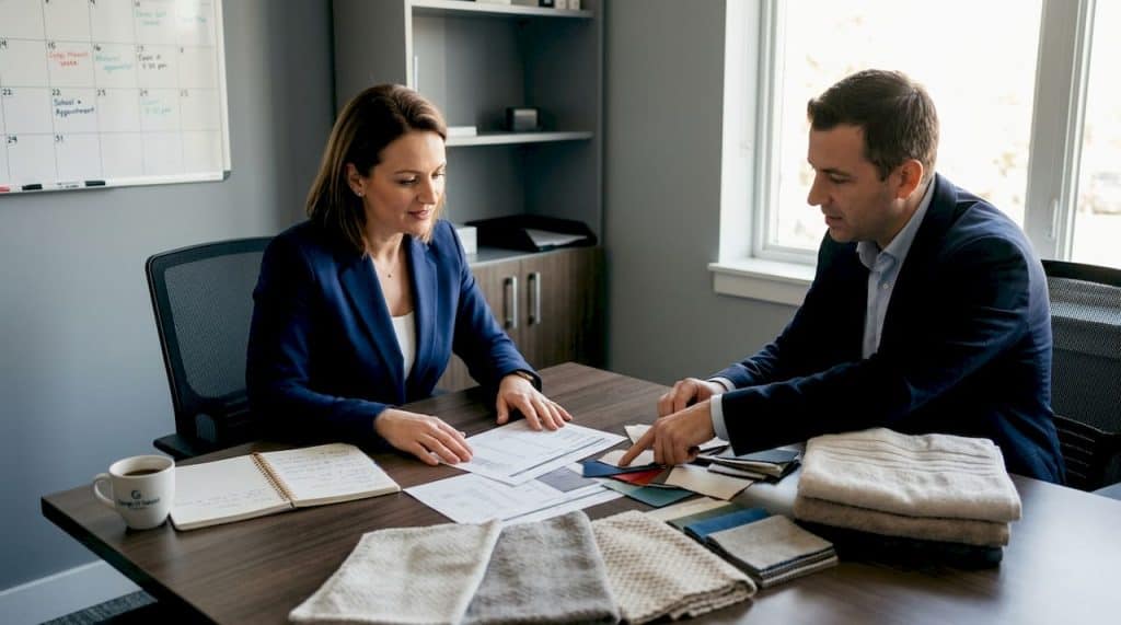 Hotel manager reviewing textile samples