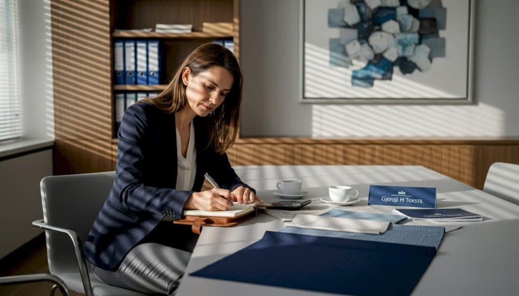 Hotel manager reviewing textile samples at office table