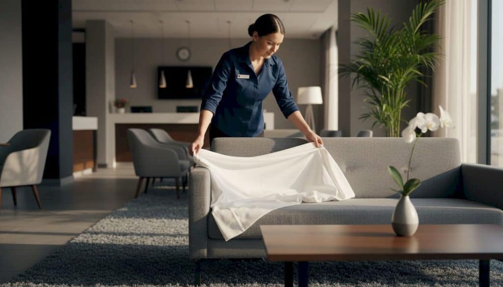 Hotel staff arranging fresh linens on lounge sofas