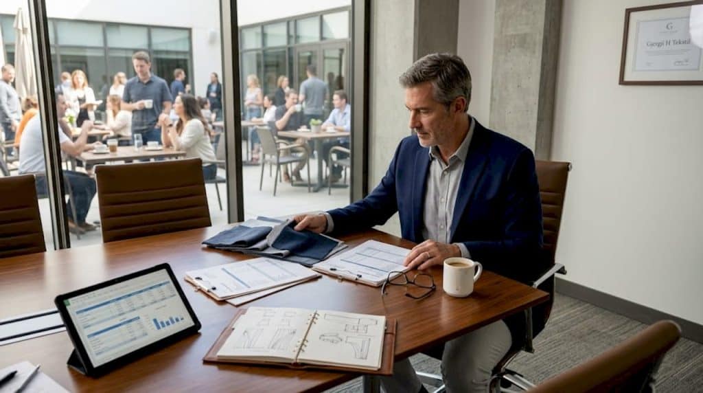 Hotel manager reviewing textile samples at conference table