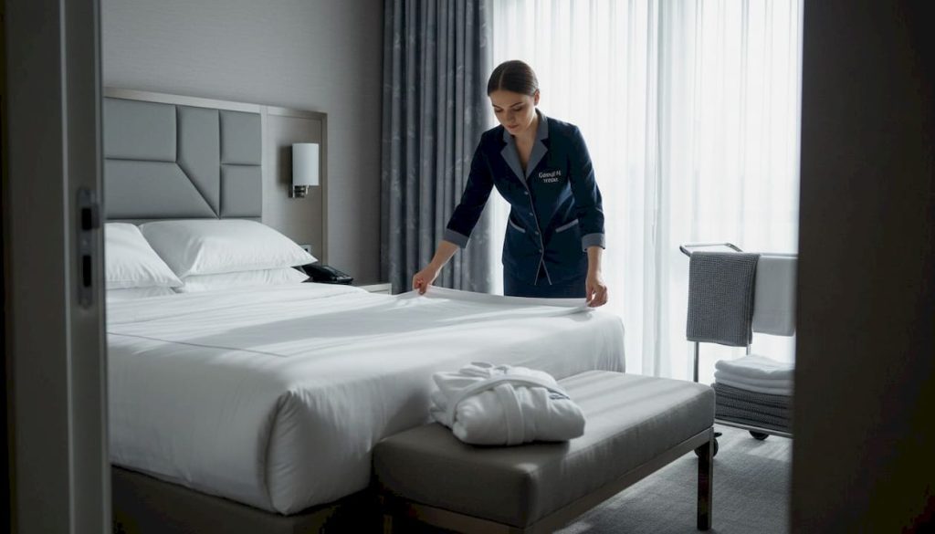 Hotel housekeeper preparing fresh linens on bed