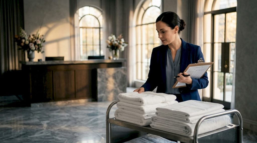Manager reviewing hotel linen delivery