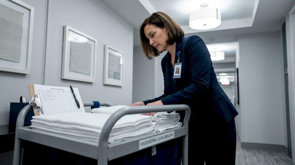 Hotel manager inspects linens in service hallway