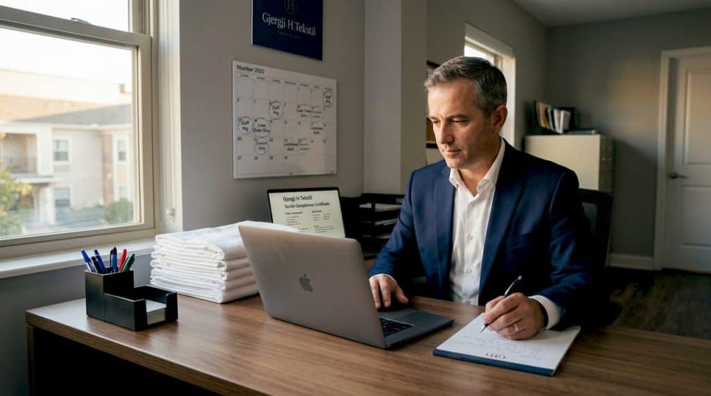Hotel manager reviewing textile compliance documents