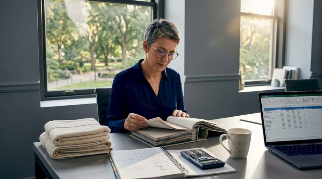 Hotel textile manager reviewing samples at desk