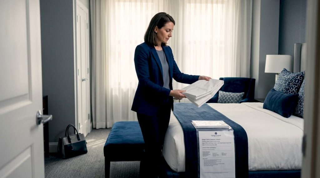 Textile expert inspecting hotel bedding in guest room